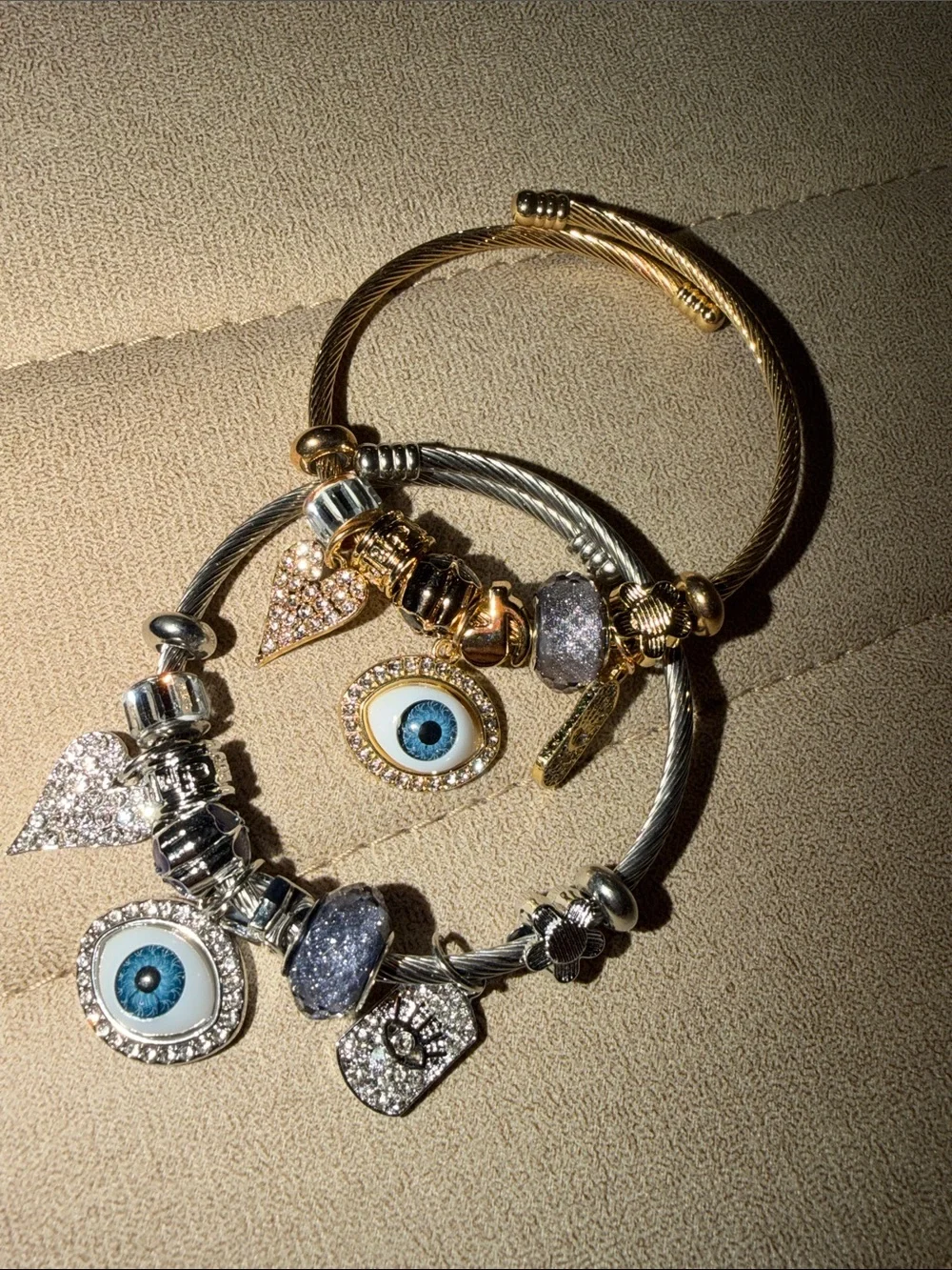 Gold & Silver Evil Eye Charm Bracelets with Blue Eye Accents
